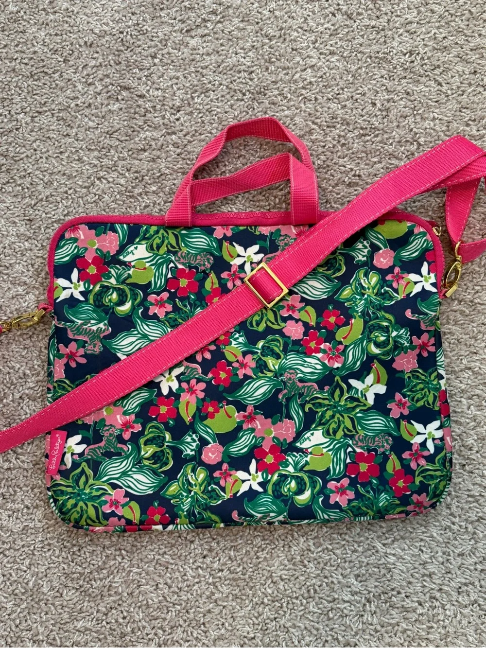 Lilly Pulitzer Navy Floral Laptop Bag with Pink Strap